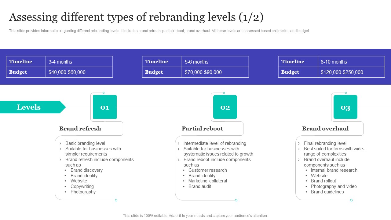 Strategic Brand Refreshing Actions Assessing Different Types Of Rebranding Levels Professional PDF