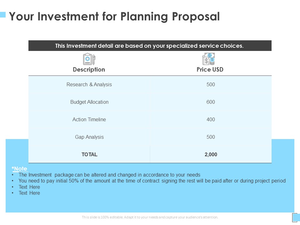 Strategic Management Your Investment For Planning Proposal Ppt Inspiration Icons PDF