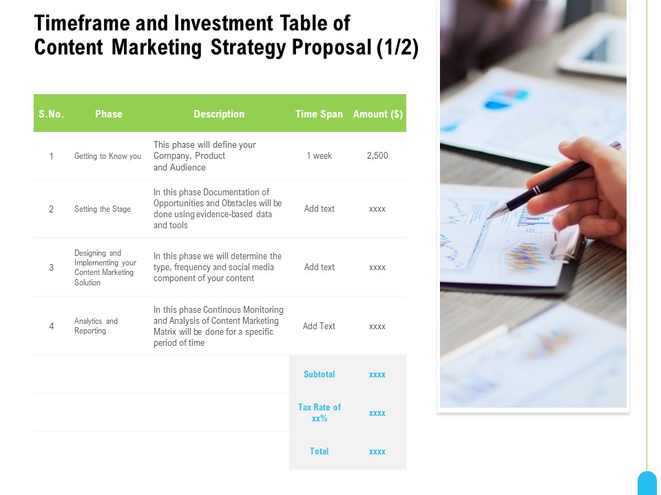 Strategic Marketing Approach Timeframe Investment Table Of Content Marketing Strategy Proposal Topics PDF