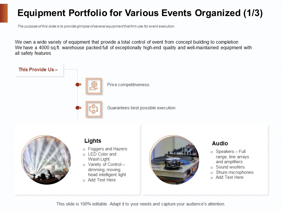 Strategies For Organizing Events Equipment Portfolio For Various Events Organized Ppt Slides Infographics PDF