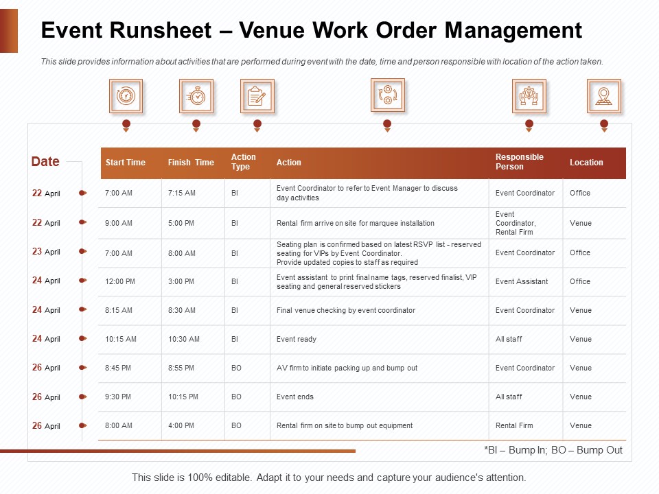 Strategies For Organizing Events Event Runsheet Venue Work Order Management Ppt Gallery Styles PDF