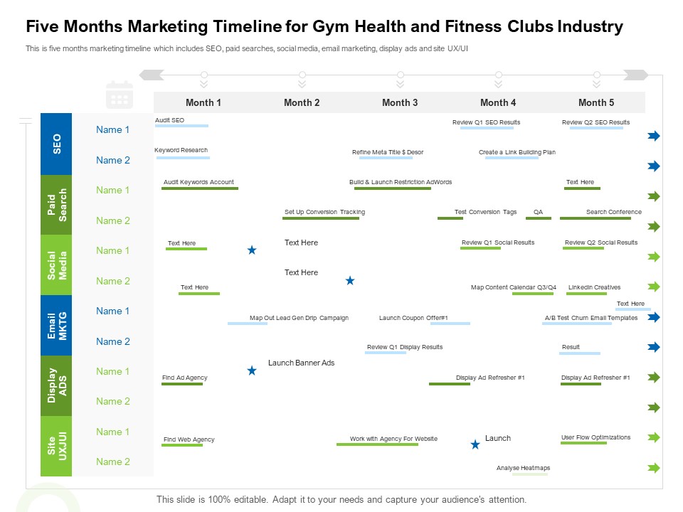 Strategies To Enter Physical Fitness Club Business Five Months Marketing Timeline For Gym Health And Fitness Clubs Industry Introduction PDF