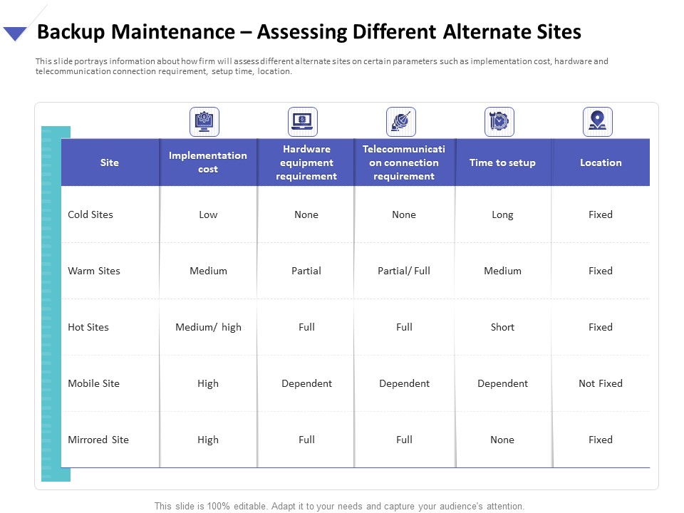 Strategies To Mitigate Cyber Security Risks Backup Maintenance Assessing Different Alternate Sites Ppt Portfolio Background PDF