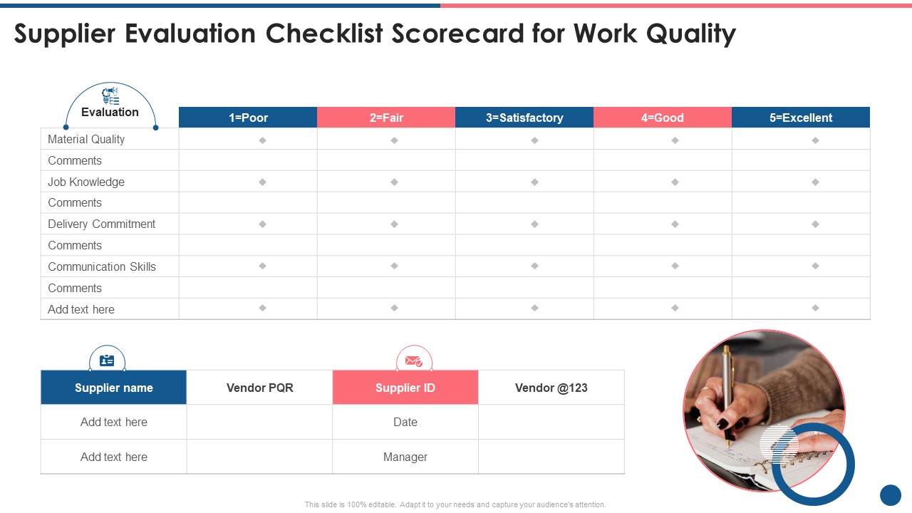 Supplier Scorecard Supplier Evaluation Checklist Scorecard For Work Quality Ideas PDF