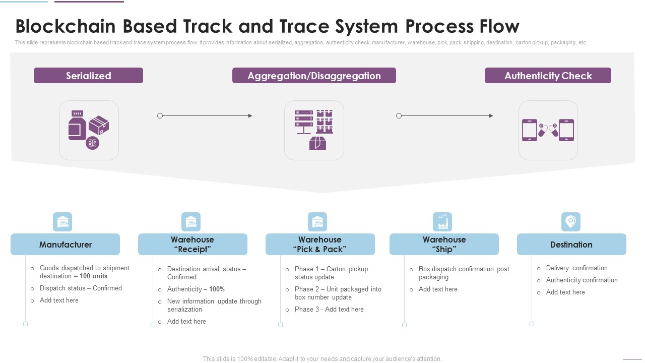 Supply Chain Management Blockchain Based Track And Trace System Process Flow Graphics PDF
