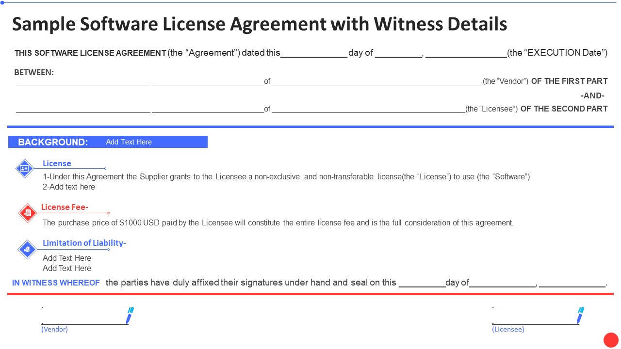 Supply Chain Template Bundle Sample Software License Agreement With Witness Details Themes PDF