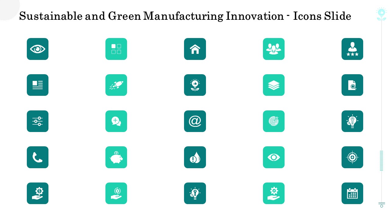 Sustainable And Green Manufacturing Innovation Icons Slide Download PDF