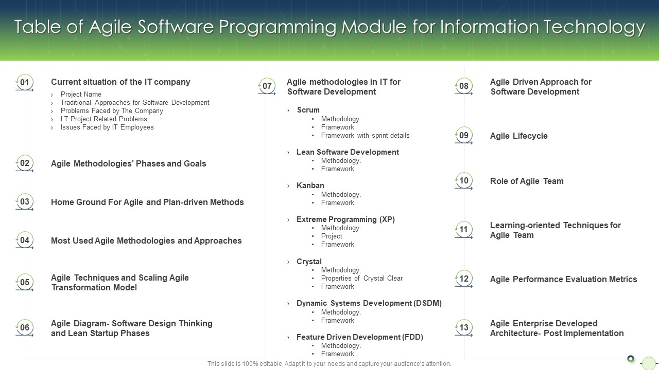 Table Of Agile Software Programming Module For Information Technology Professional PDF