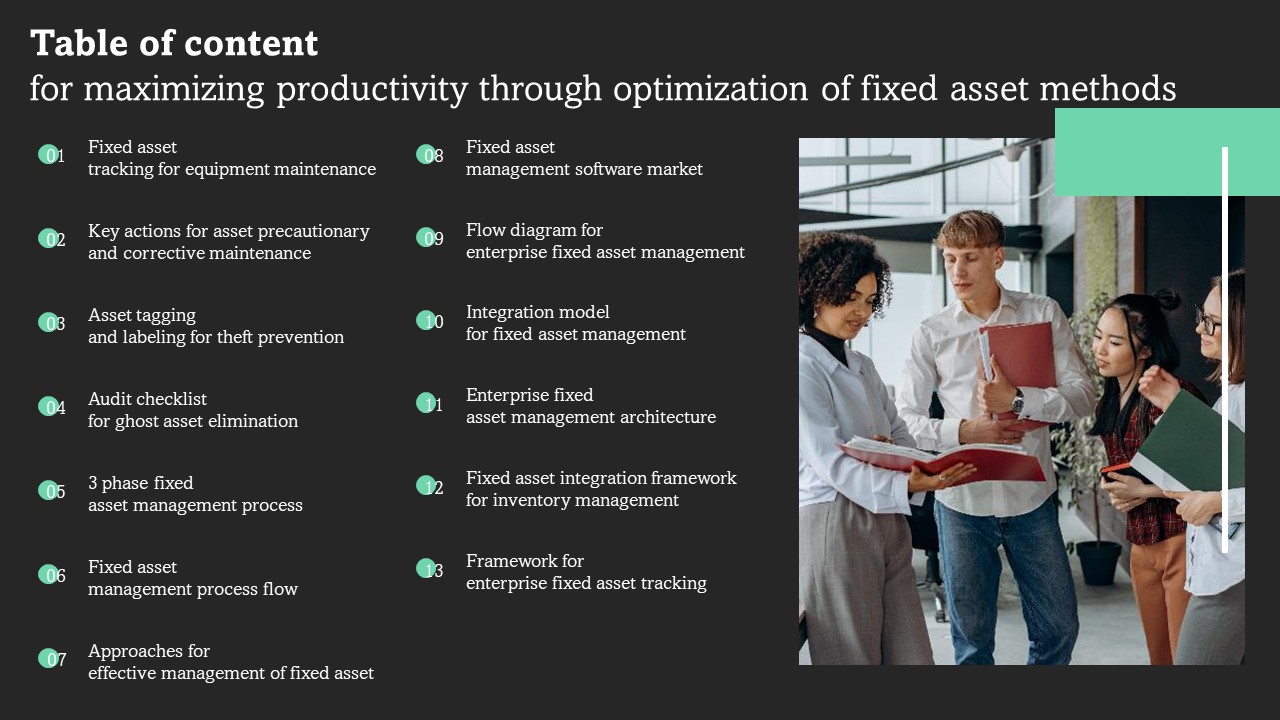 Table Of Content For Maximizing Productivity Through Optimization Of Fixed Asset Methods Infographics PDF