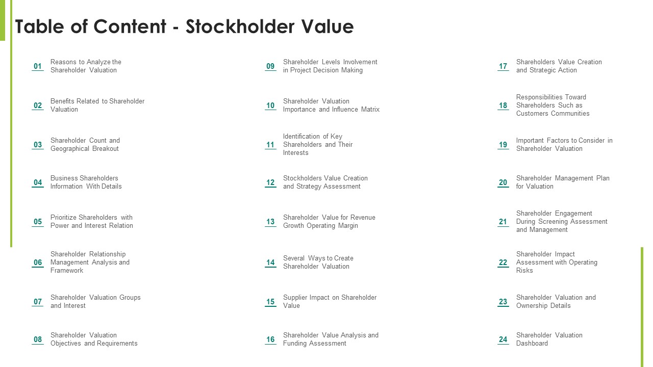 Table Of Content Stockholder Value Ppt Inspiration Graphics Template Pdf