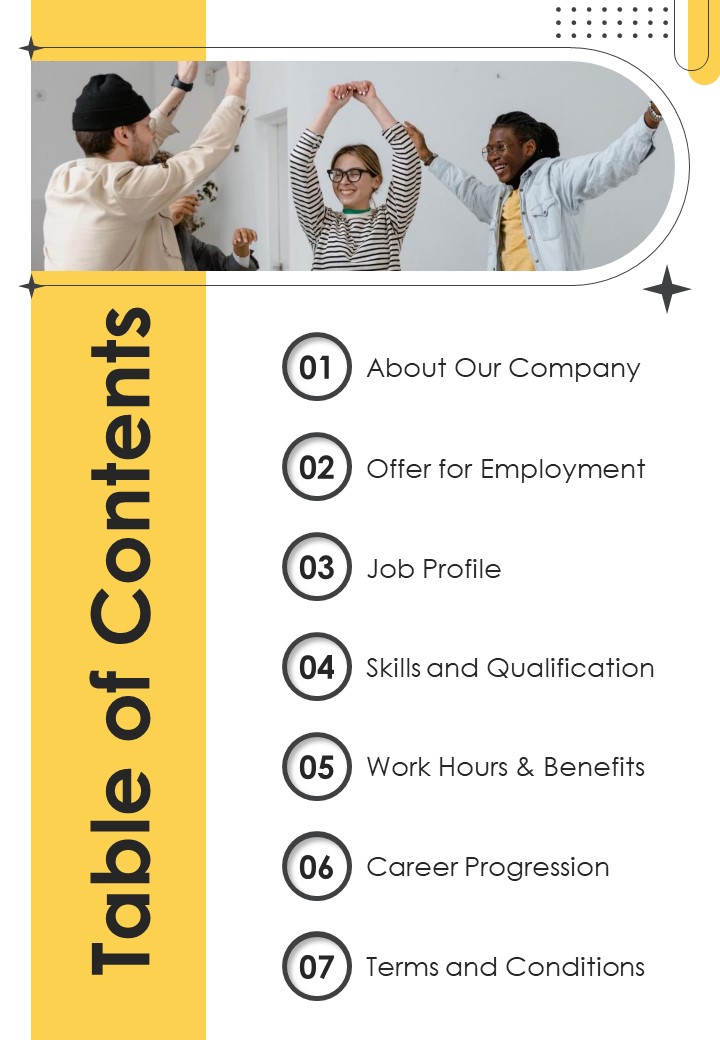 Table Of Contents Advertising And Marketing Job Profile Proposal One Pager Sample Example Document