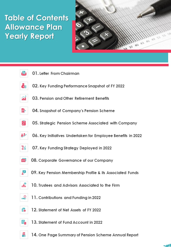 Table Of Contents Allowance Plan Yearly Report One Pager Documents
