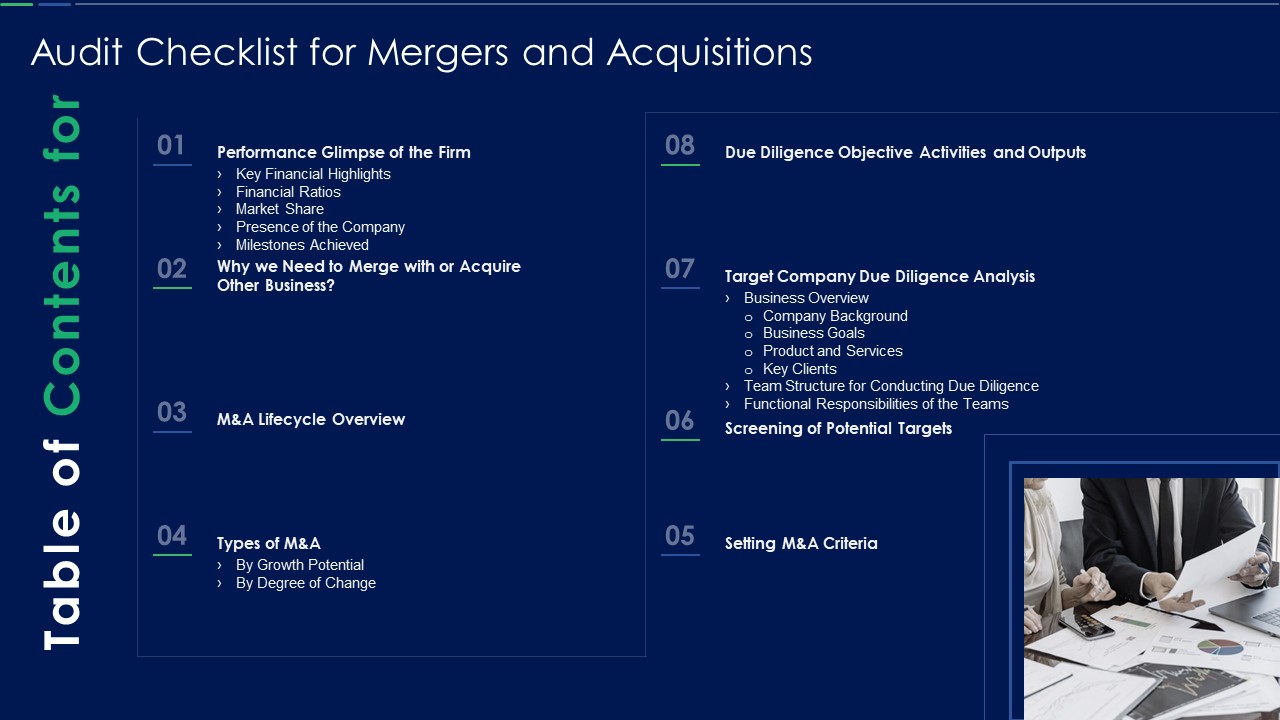 Table Of Contents Audit Checklist For Mergers And Acquisitions Information PDF