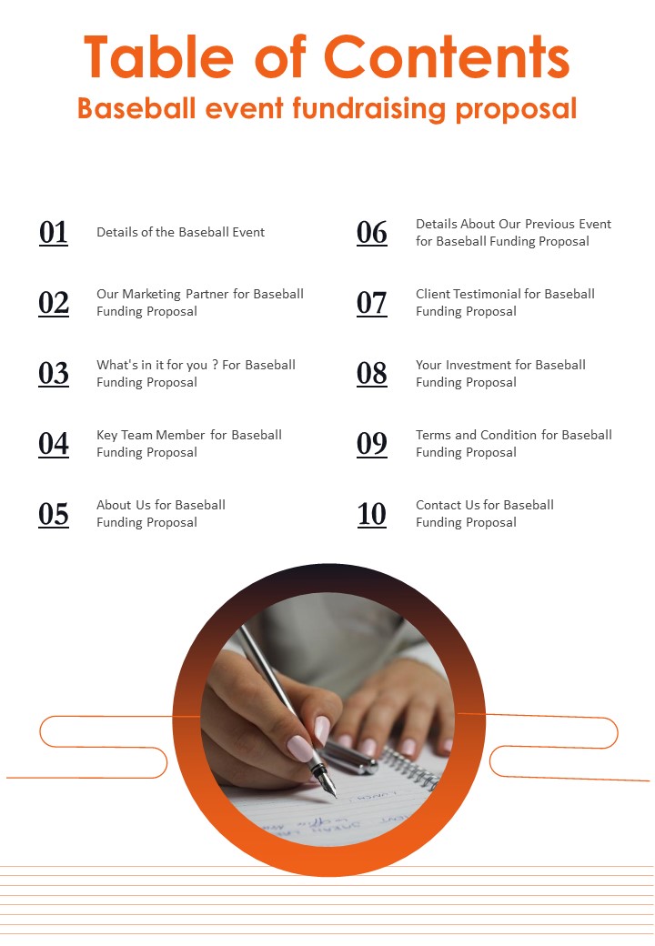 Table Of Contents Baseball Event Fundraising Proposal One Pager Sample Example Document
