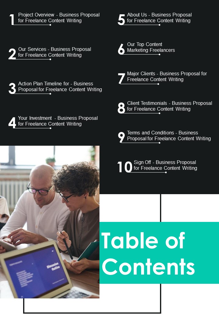 Table Of Contents Business Proposal For Freelance Content Writing One Pager Sample Example Document