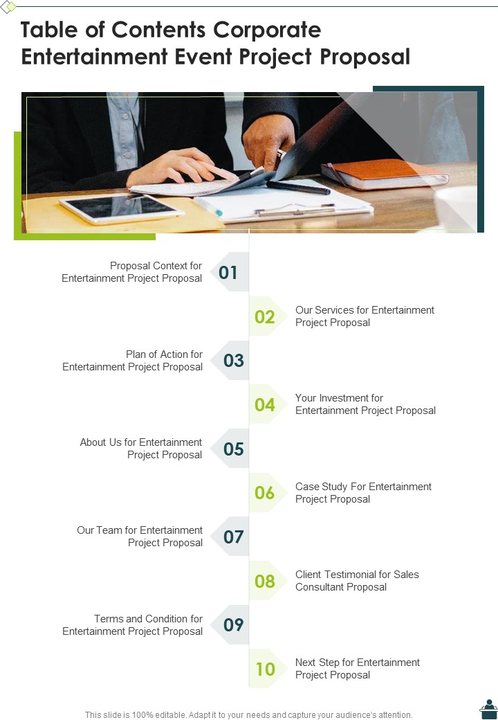 Table Of Contents Corporate Entertainment Event Project Proposal One Pager Sample Example Document