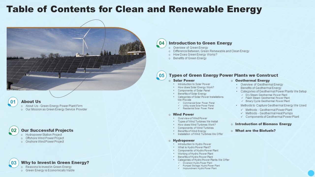 Table Of Contents For Clean And Renewable Energy Ppt PowerPoint Presentation Summary Graphic Images PDF