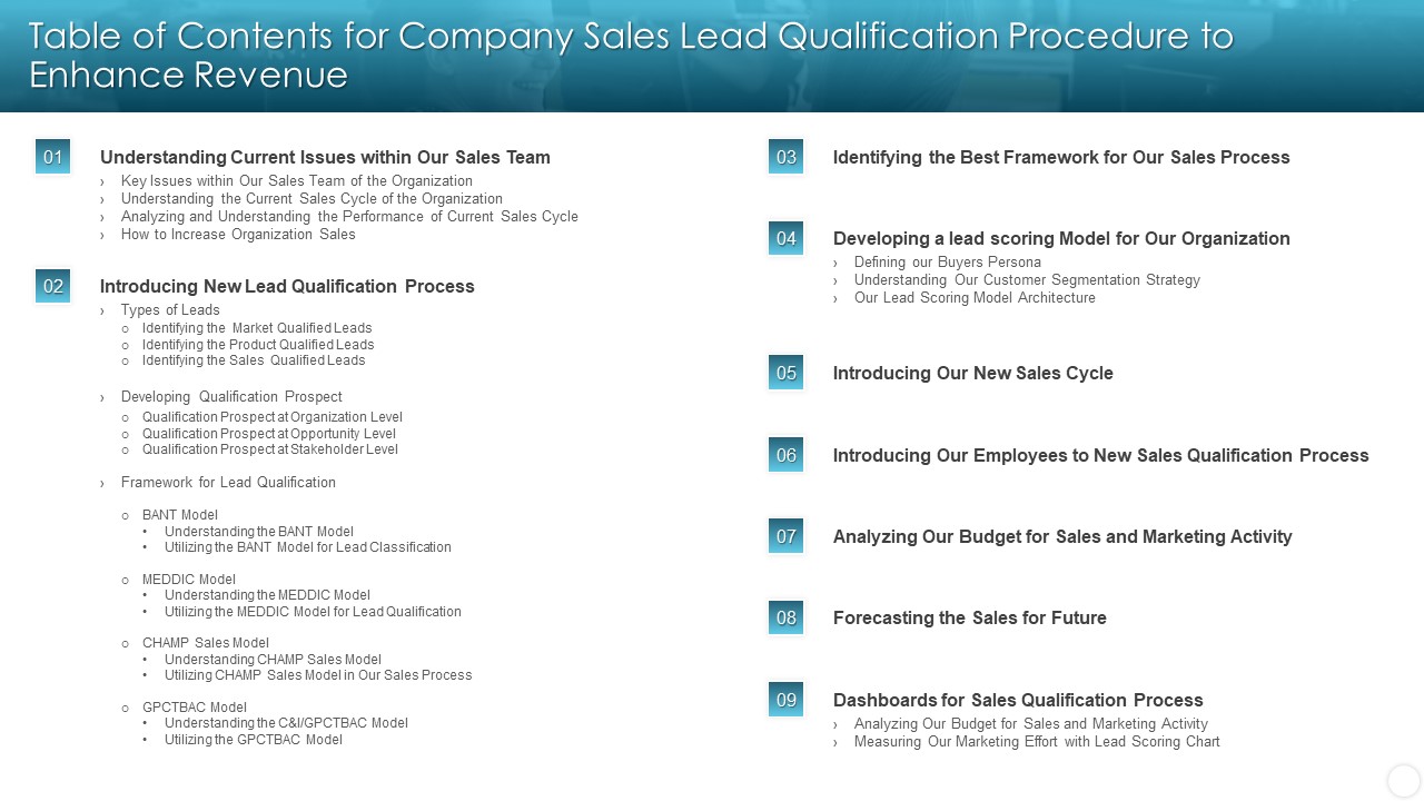 Table Of Contents For Company Sales Lead Qualification Procedure To Enhance Revenue Introduction PDF