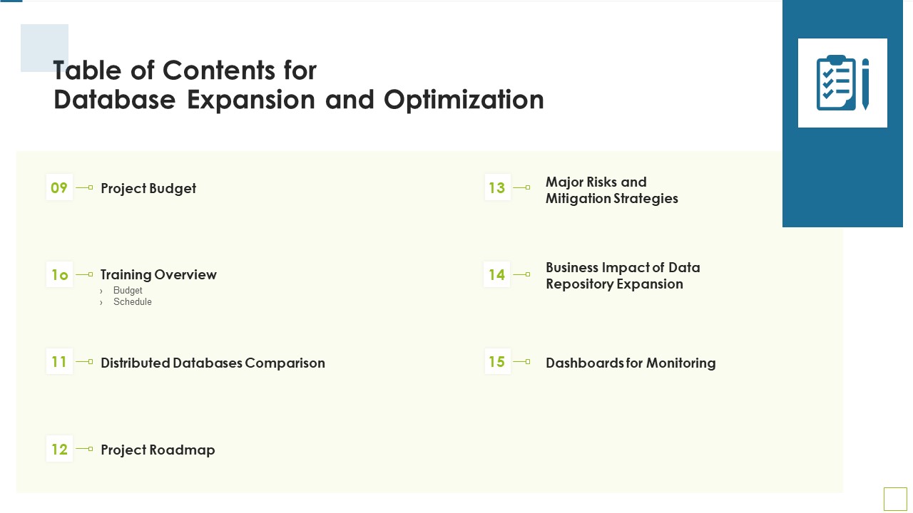 Table Of Contents For Database Expansion And Optimization Budget Ppt Infographics Tips