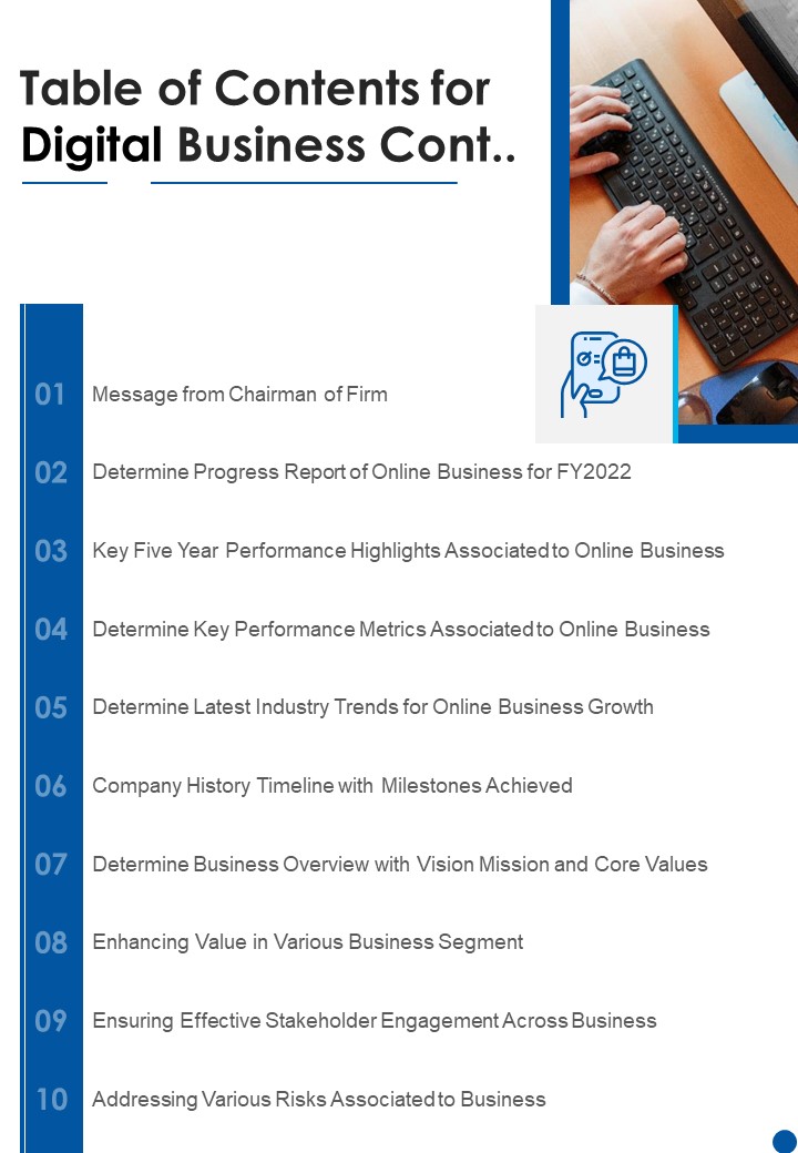 Table Of Contents For Digital Business Cont One Pager Documents