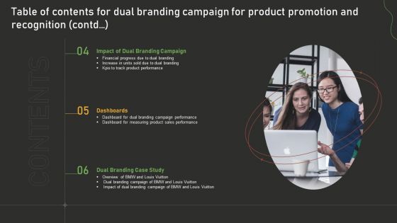 Table Of Contents For Dual Branding Campaign For Product Promotion And Recognition Structure PDF