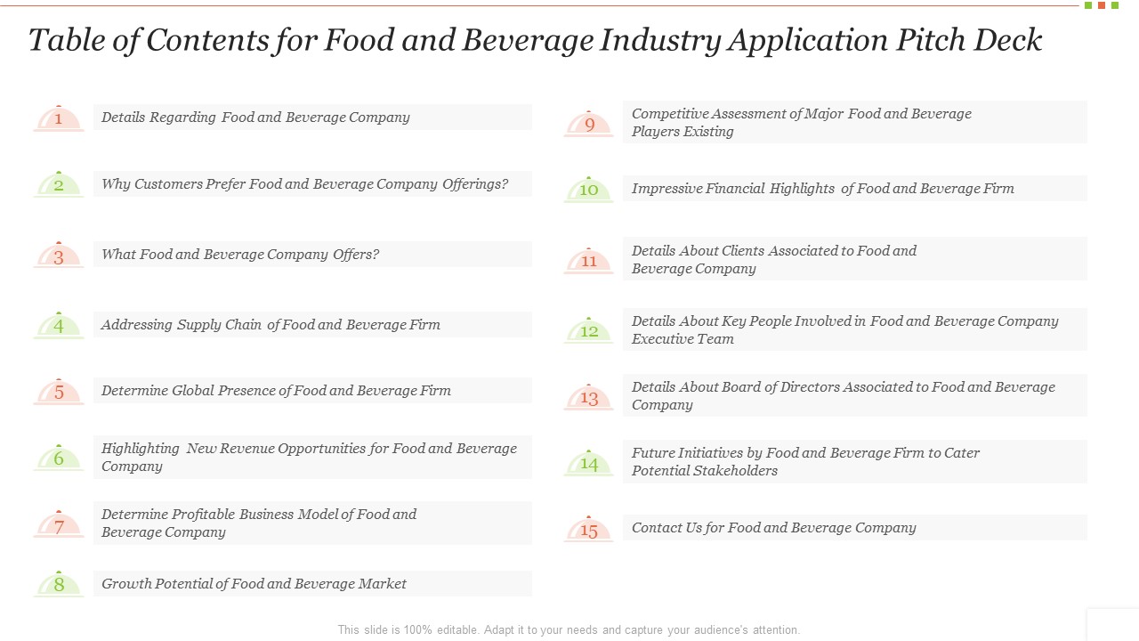 Table Of Contents For Food And Beverage Industry Application Pitch Deck Rules PDF