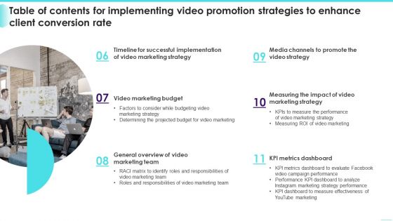 Table Of Contents For Implementing Video Marketing Strategies To Improve Sales Conversion Rate Contd Topics PDF