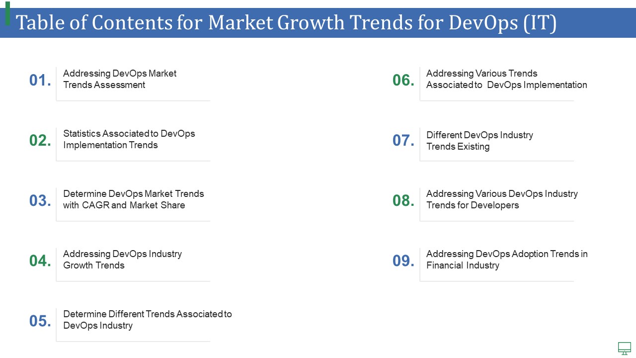 Table Of Contents For Market Growth Trends For Devops IT Introduction PDF