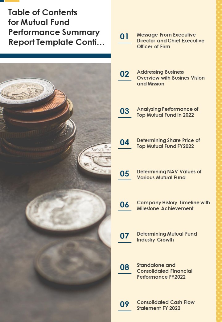 Table Of Contents For Mutual Fund Performance Summary Report Template Conti One Pager Documents