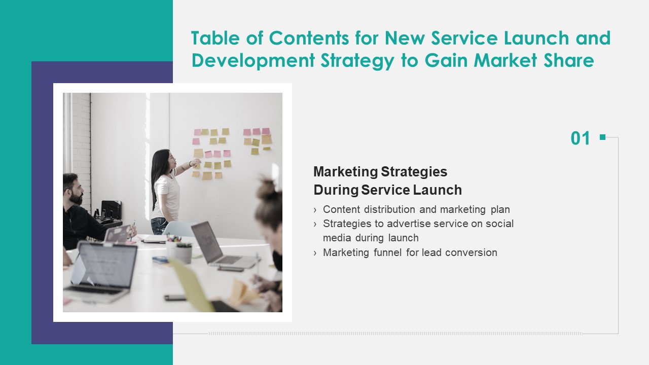 Table Of Contents For New Service Launch And Development Strategy To Gain Market Share Slide Portrait PDF