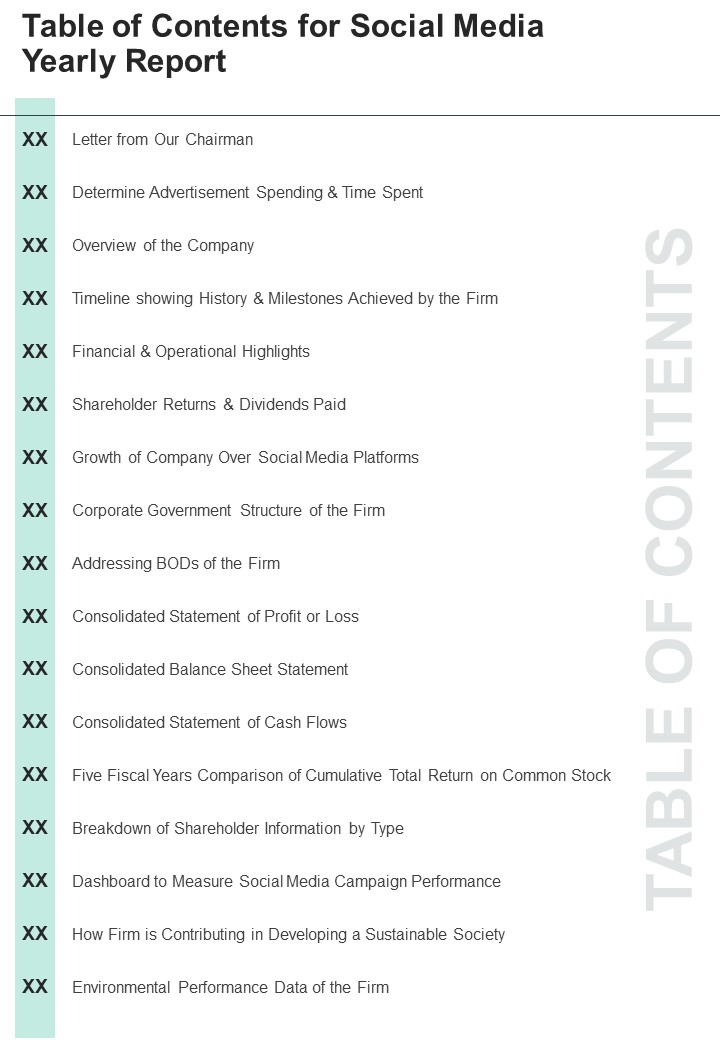 Table Of Contents For Social Media Yearly Report One Pager Documents