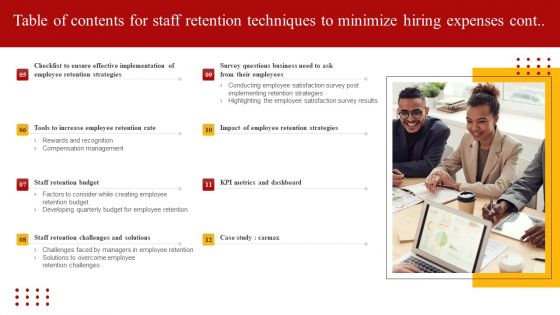 Table Of Contents For Staff Retention Techniques To Minimize Hiring Expenses Elements PDF