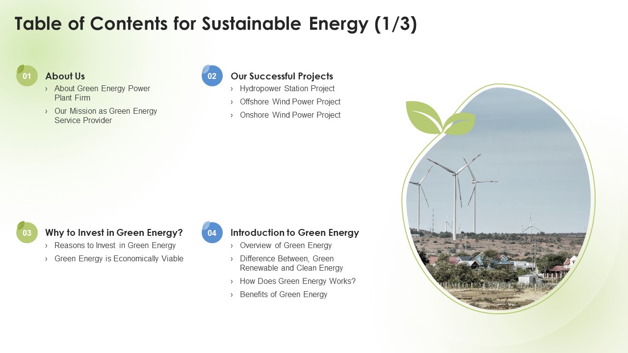 Table Of Contents For Sustainable Energy Ppt PowerPoint Presentation Icon Deck PDF