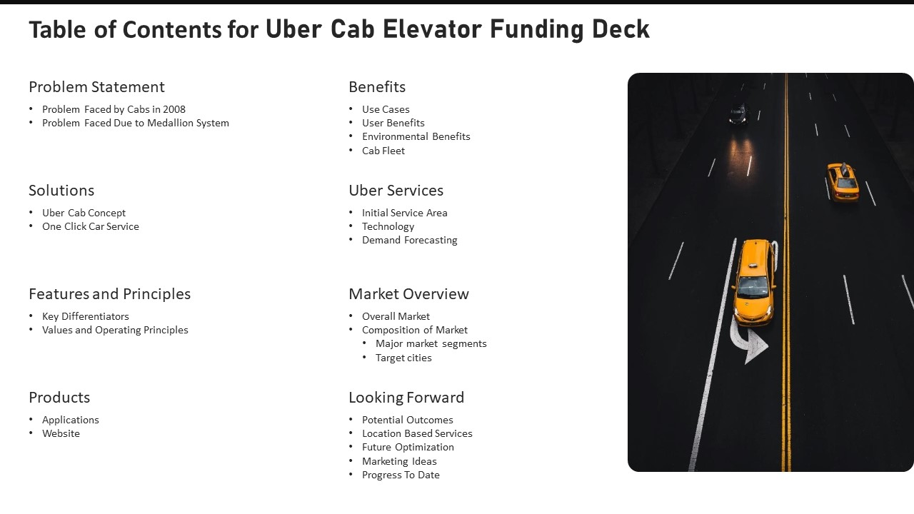 Table Of Contents For Uber Cab Elevator Funding Deck Ppt Ideas Files PDF