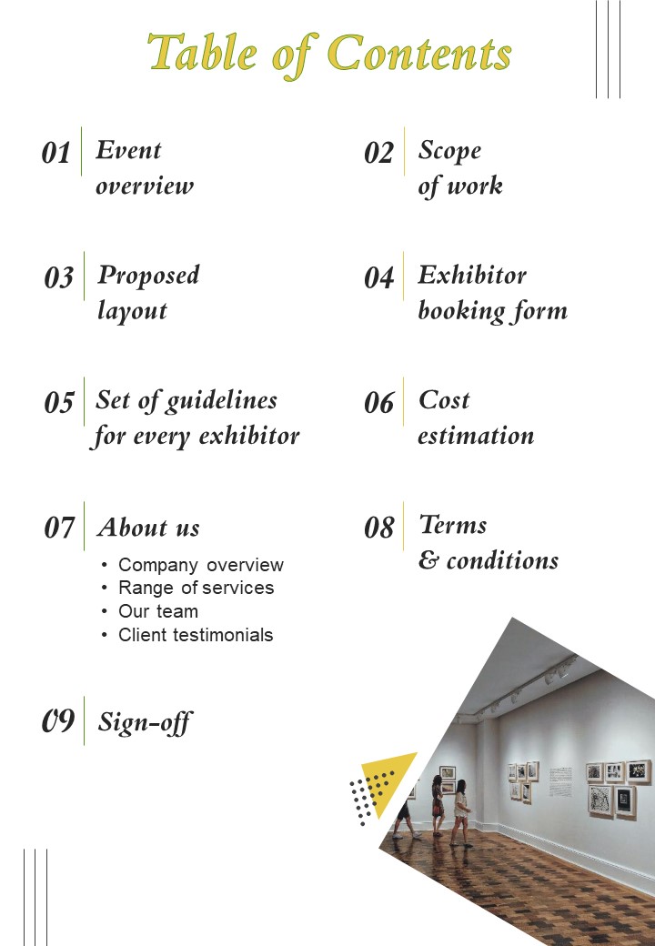Table Of Contents Gallery Exhibition Proposal One Pager Sample Example Document