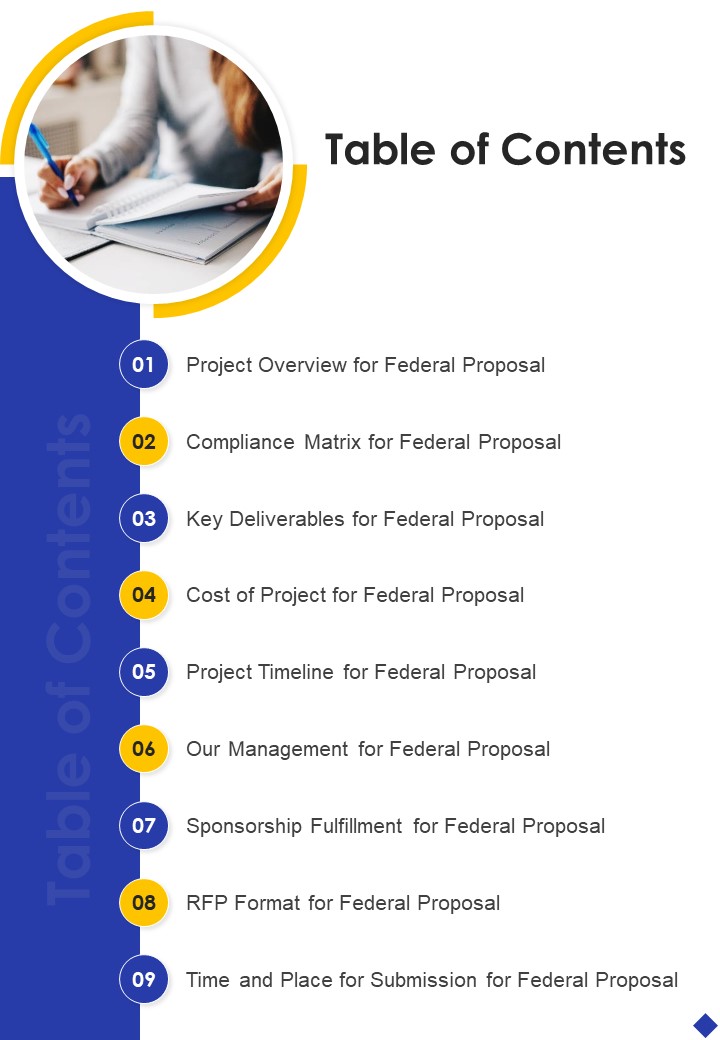 Table Of Contents Government Federal Proposal One Pager Sample Example Document