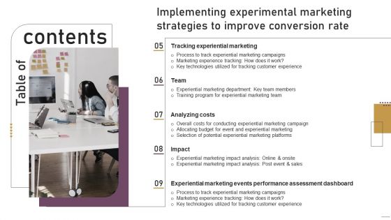 Table Of Contents Implementing Experimental Marketing Strategies To Improve Conversion Rate Themes PDF