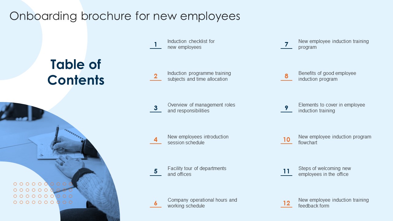 Table Of Contents Onboarding Brochure For New Employees Ideas PDF