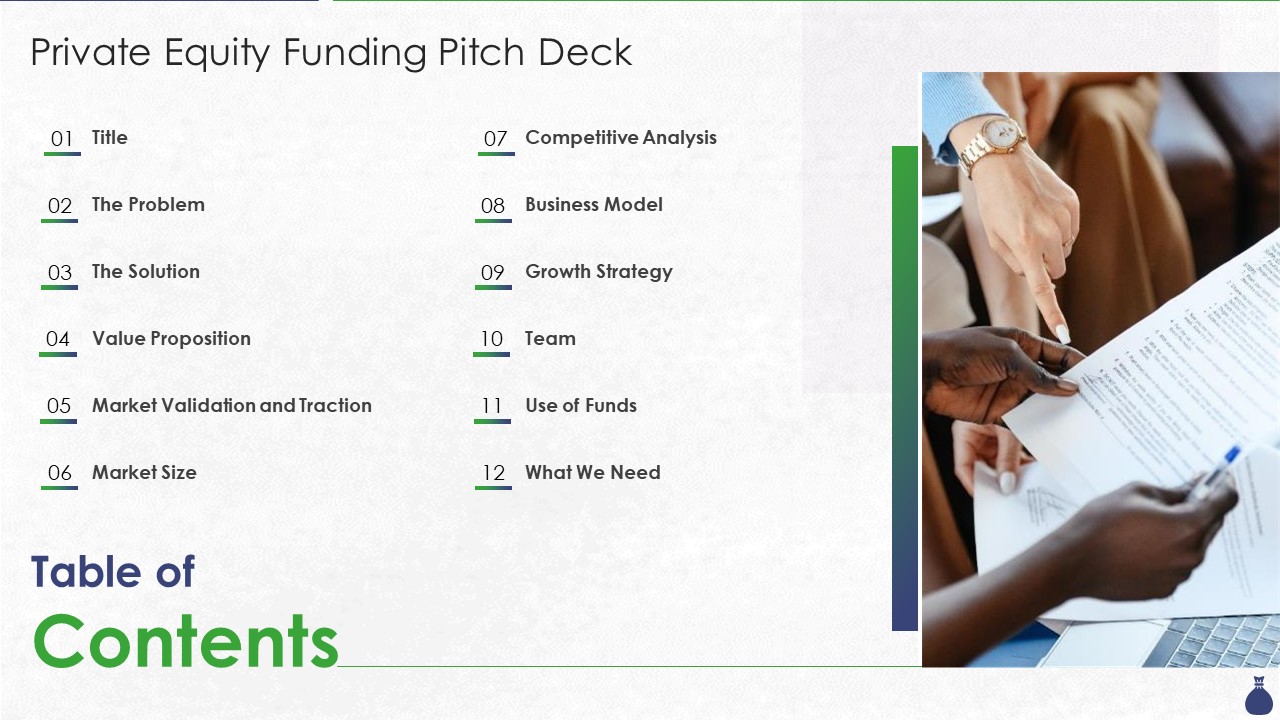 Table Of Contents Private Equity Funding Pitch Deck Ppt Ideas Pictures PDF