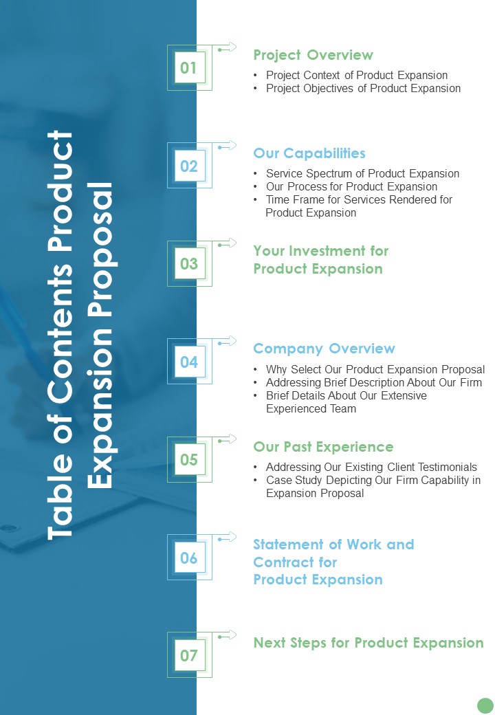 Table Of Contents Product Expansion Proposal One Pager Sample Example Document