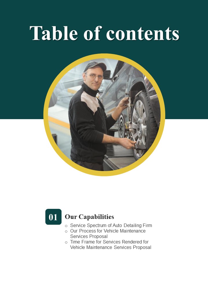 Table Of Contents Proposal For Automobile Repair And Maintenance One Pager Sample Example Document