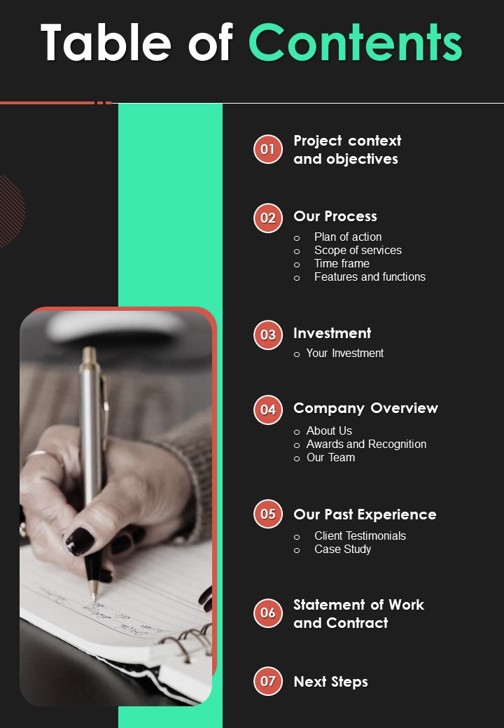 Table Of Contents Proposal For Cargo Inspection Software Package One Pager Sample Example Document