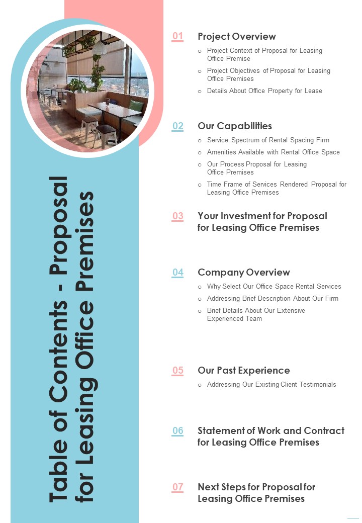 Table Of Contents Proposal For Leasing Office Premises One Pager Sample Example Document