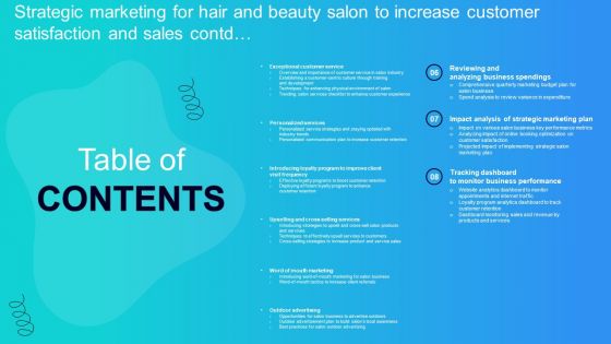 Tables Of Content Strategic Marketing For Hair And Beauty Salon To Increase Customer Satisfaction Mockup PDF