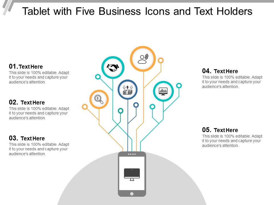 Tablet With Five Business Icons And Text Holders Ppt PowerPoint Presentation Professional Introduction
