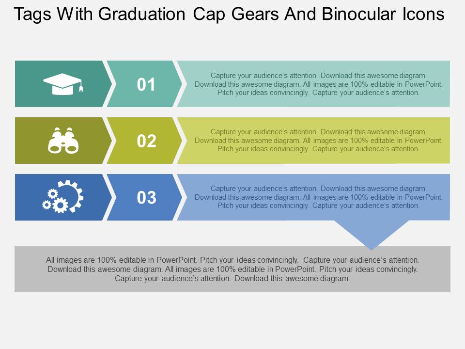 Tags With Graduation Cap Gears And Binocular Icons Powerpoint Templates