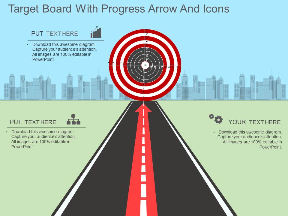 Target Board With Progress Arrow And Icons Powerpoint Template