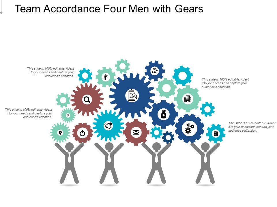 Team Accordance Four Men With Gears Ppt Powerpoint Presentation Infographics Ideas