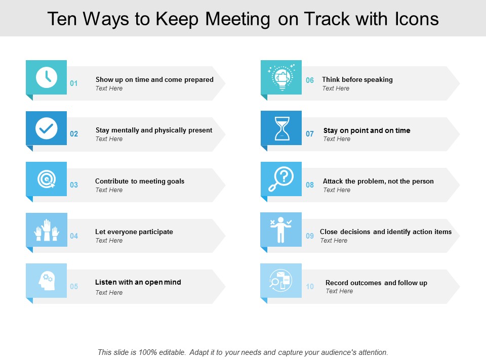 Ten Ways To Keep Meeting On Track With Icons Ppt PowerPoint Presentation Infographics Portrait