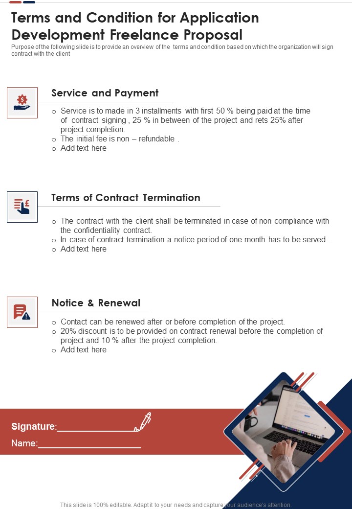 Terms And Condition For Application Development Freelance Proposal One Pager Sample Example Document